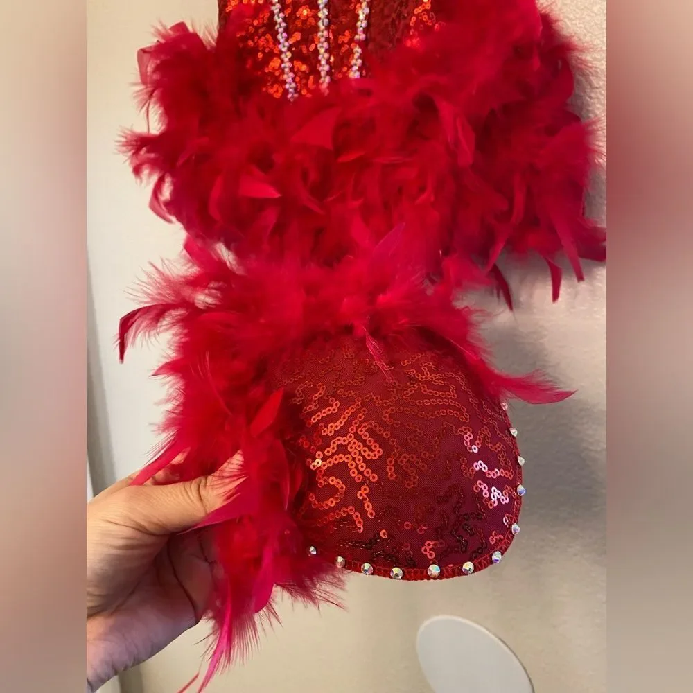 Competition Solo Dance Costume custom red feather sassy jazz MC-Medium child